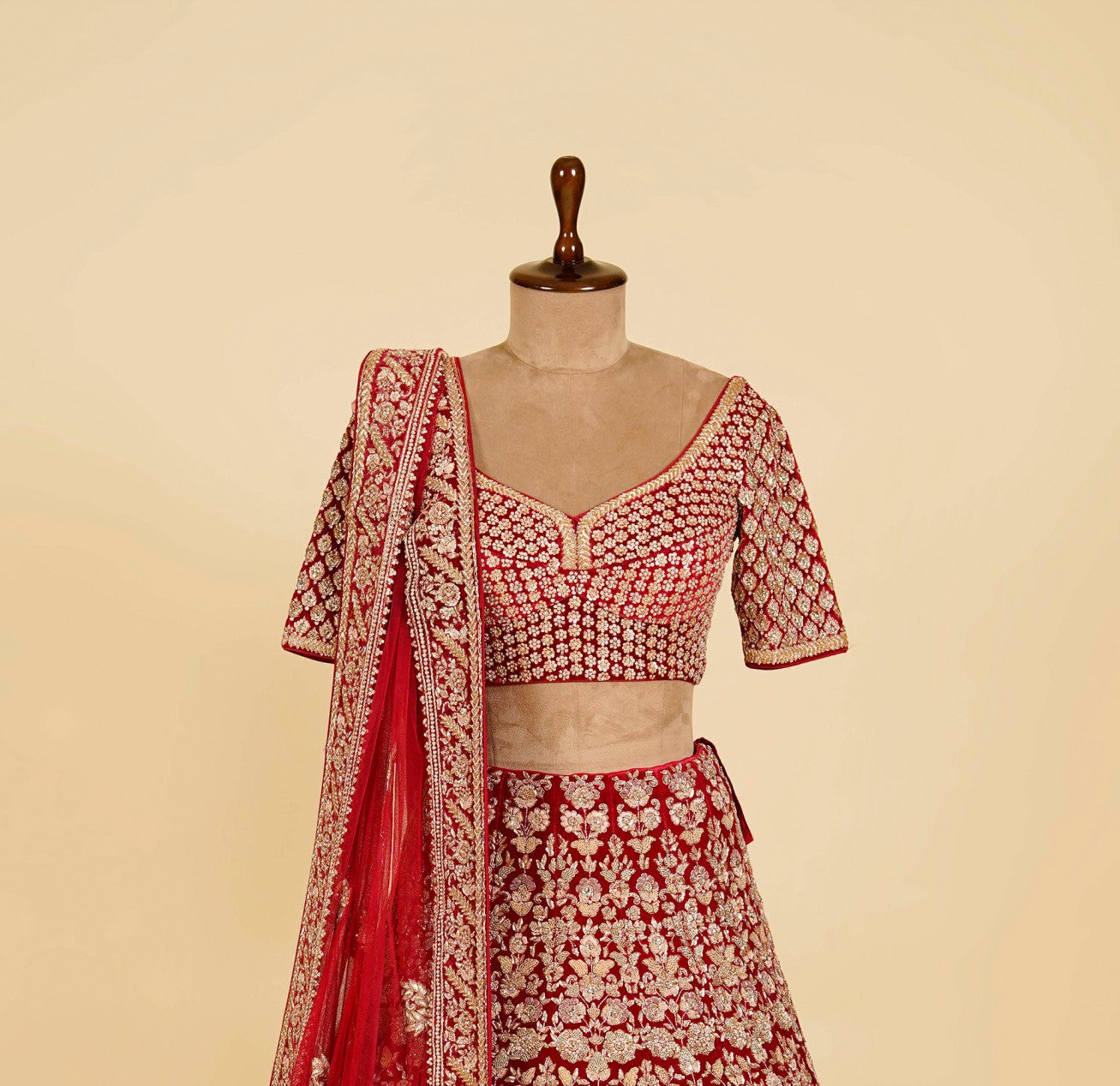 Red Lehenga Choli embellished with Dabka, Pearls and Cut Dana work