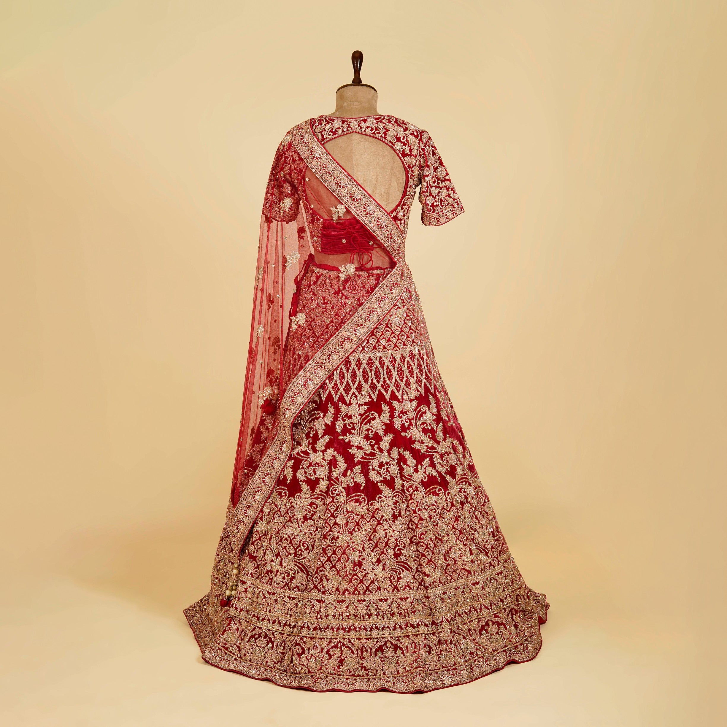 Red Lehenga Choli embellished with Gold Dabka, Pearls and Stone work