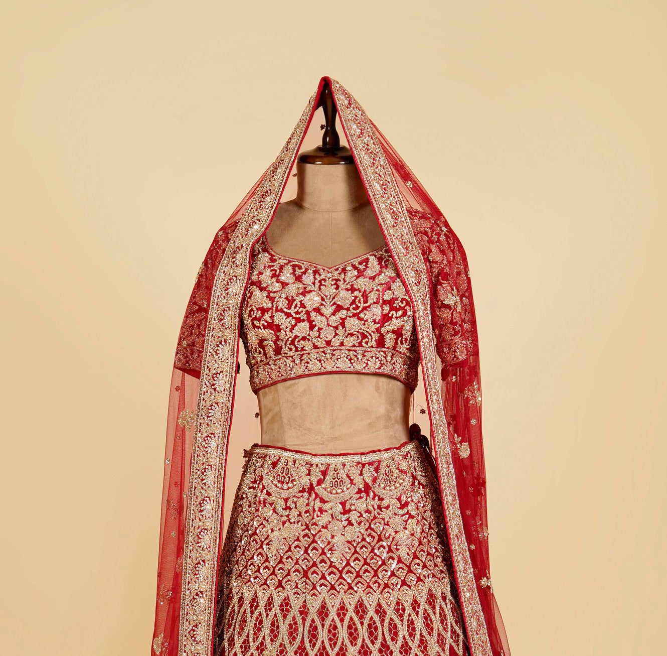 Red Lehenga Choli embellished with Gold Dabka, Pearls and Stone work
