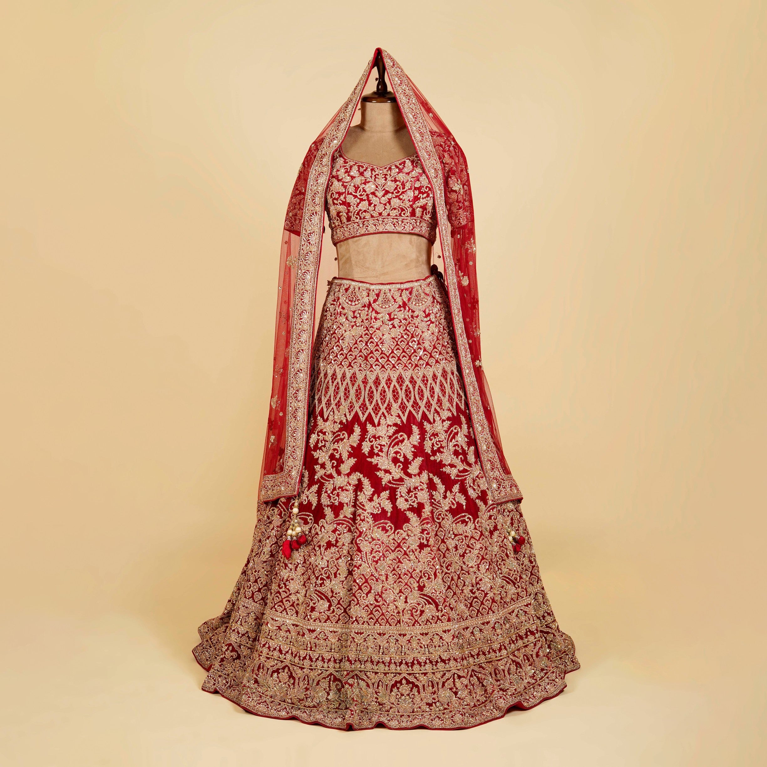 Red Lehenga Choli embellished with Gold Dabka, Pearls and Stone work