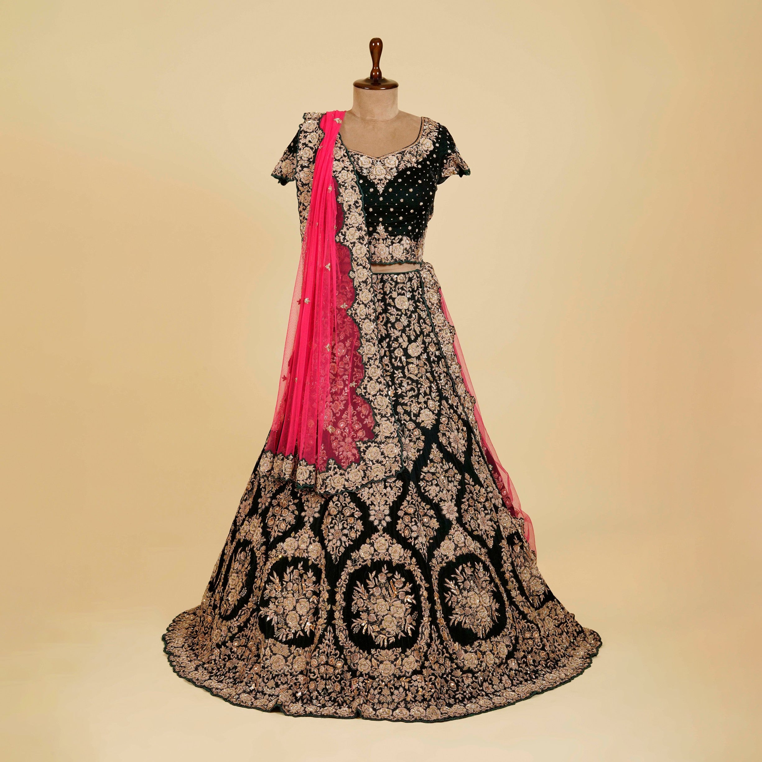 Green Lehenga Choli embellished with Dabka, Gold Stone and Hand work