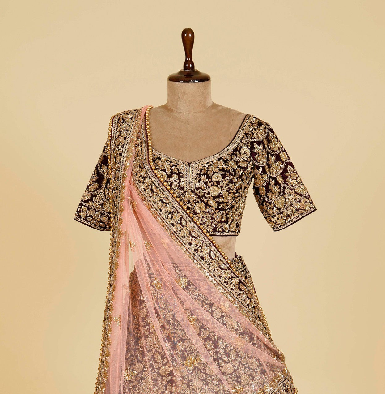 Dark Maroon Wine Lehenga Choli embellished with Dabka, Stone and Gold antique work