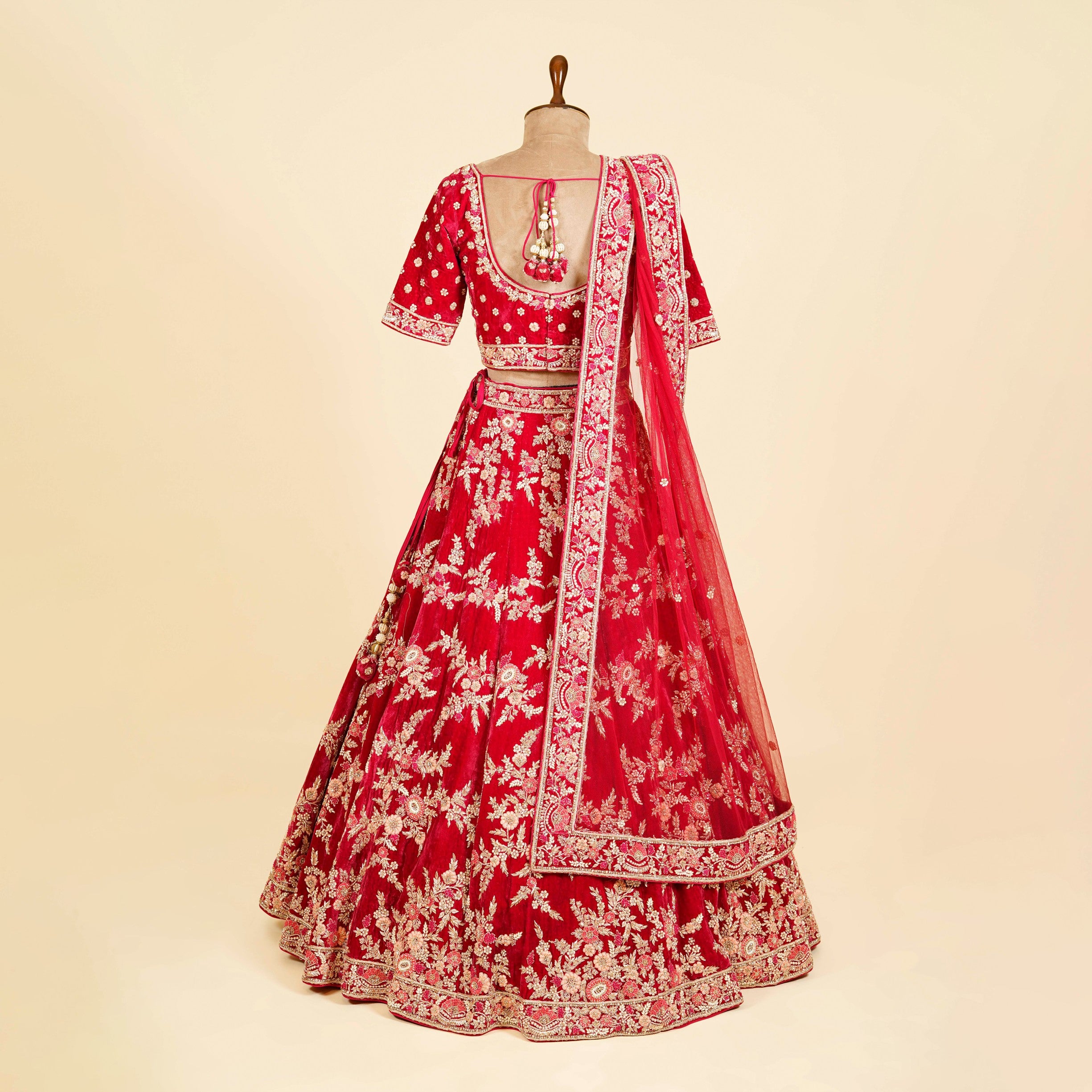 Coral Red Lehenga Choli embellished with Dabka, Pearl and Hand work