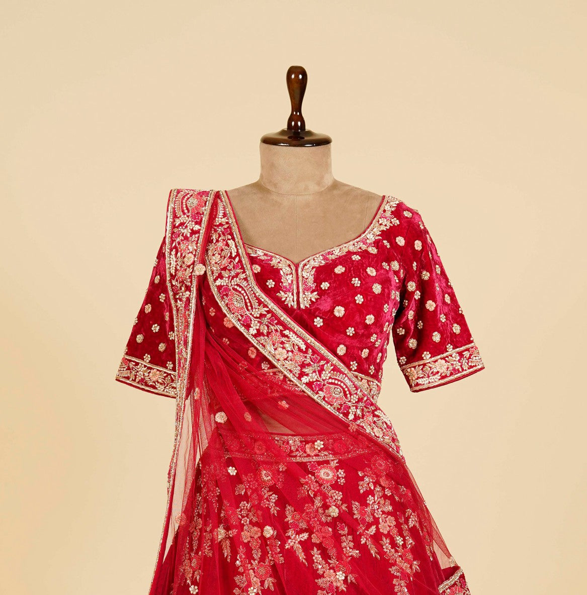 Coral Red Lehenga Choli embellished with Dabka, Pearl and Hand work