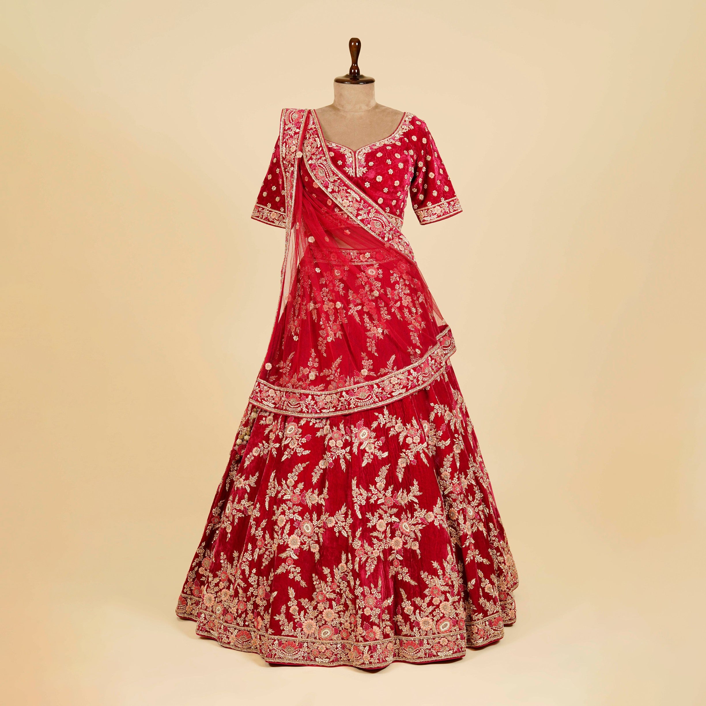 Coral Red Lehenga Choli embellished with Dabka, Pearl and Hand work