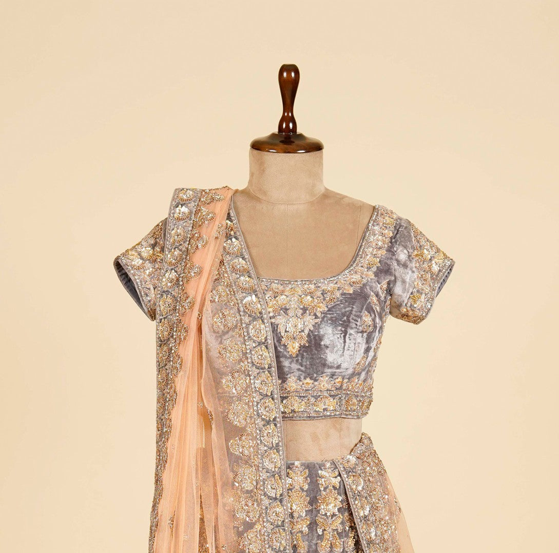 Grey Lehenga Choli embellished with Dabka, Stone and antique work