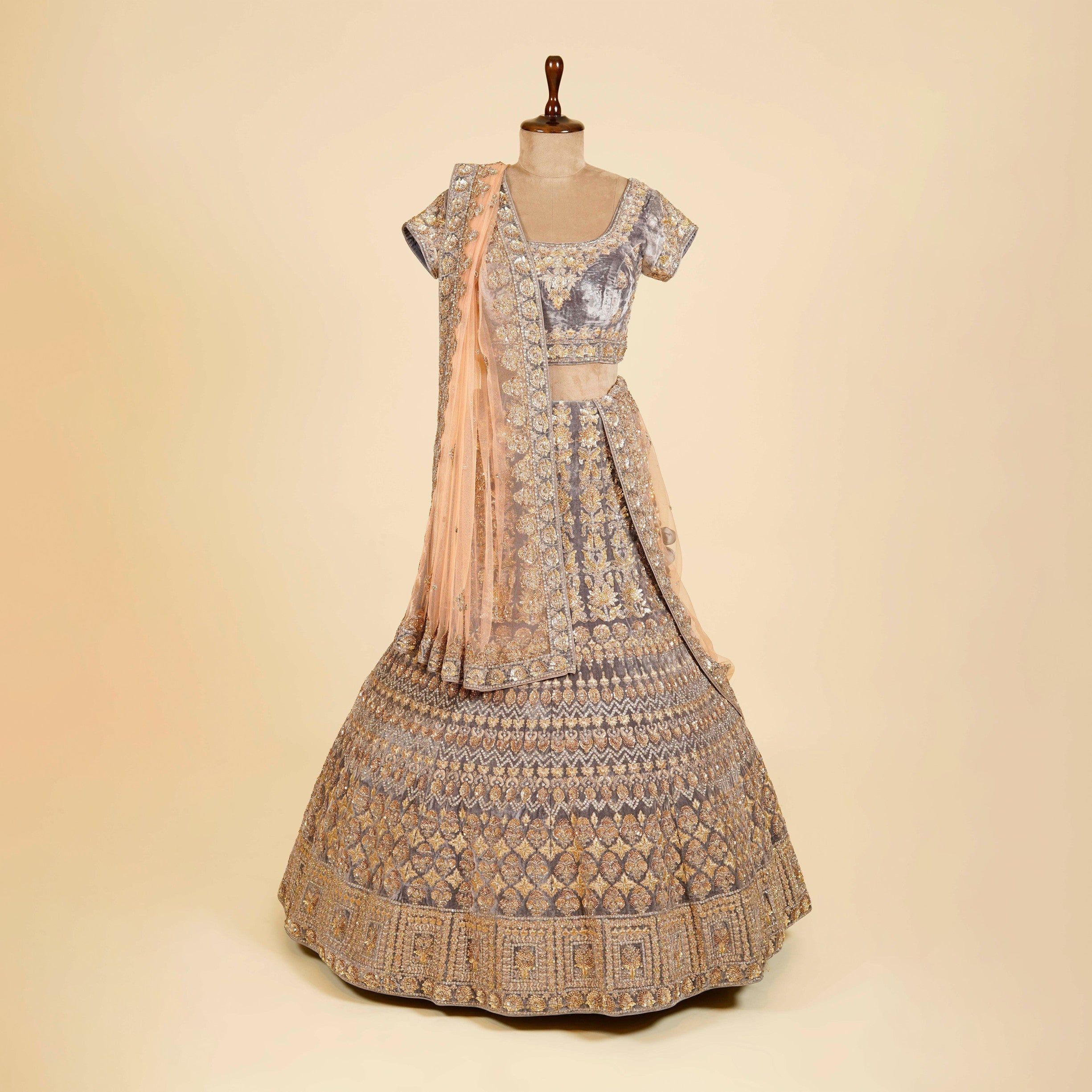 Grey Lehenga Choli embellished with Dabka, Stone and antique work