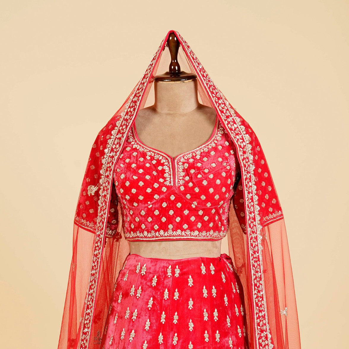 Coral Red Lehenga Choli embellished with Dabka, Pearl and Thread work