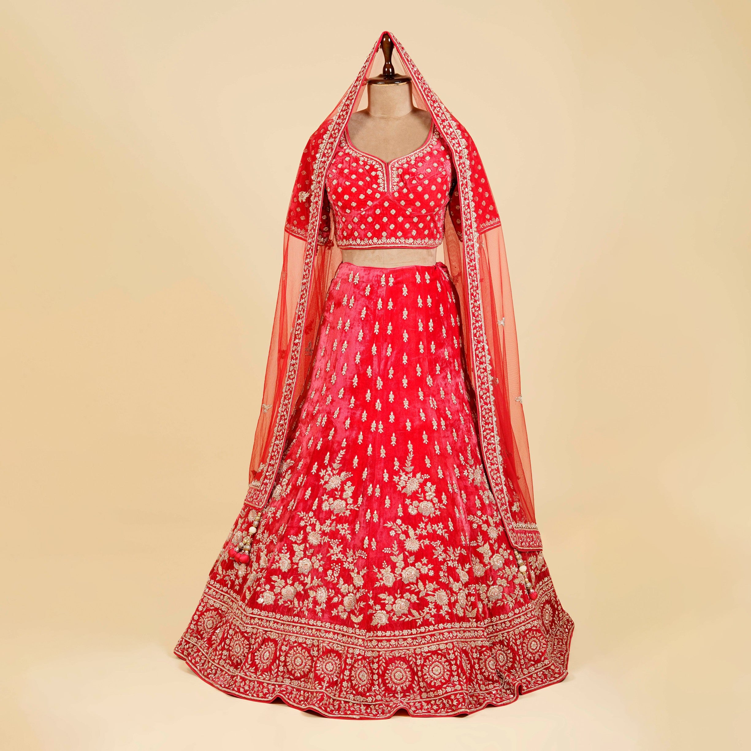 Coral Red Lehenga Choli embellished with Dabka, Pearl and Thread work