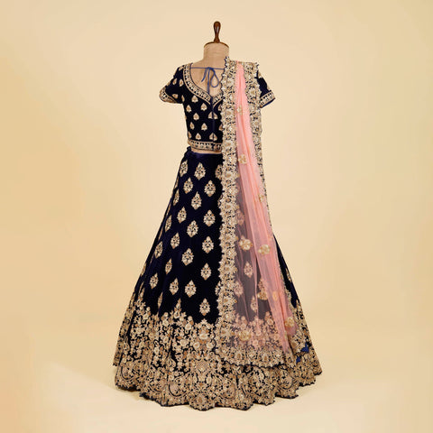 Royal Blue Lehenga Choli embellished with Gold Dabka, Pearl and Stone work