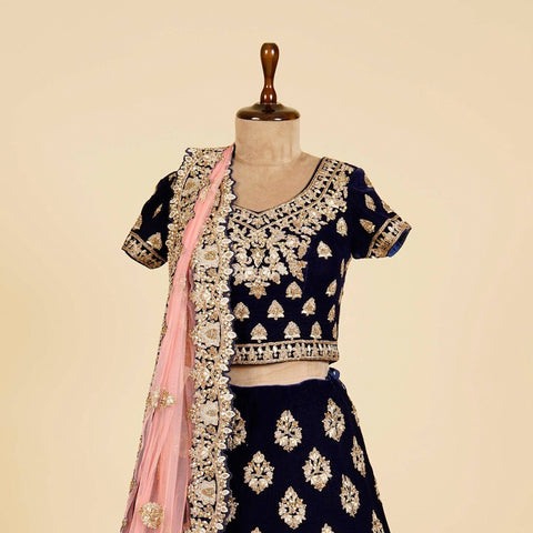 Royal Blue Lehenga Choli embellished with Gold Dabka, Pearl and Stone work