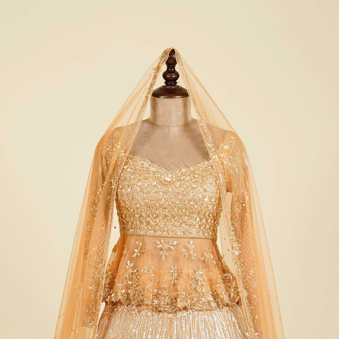 Chiku Gold Lehenga Choli embellished with Sequins, Cut dana and Swarovski work