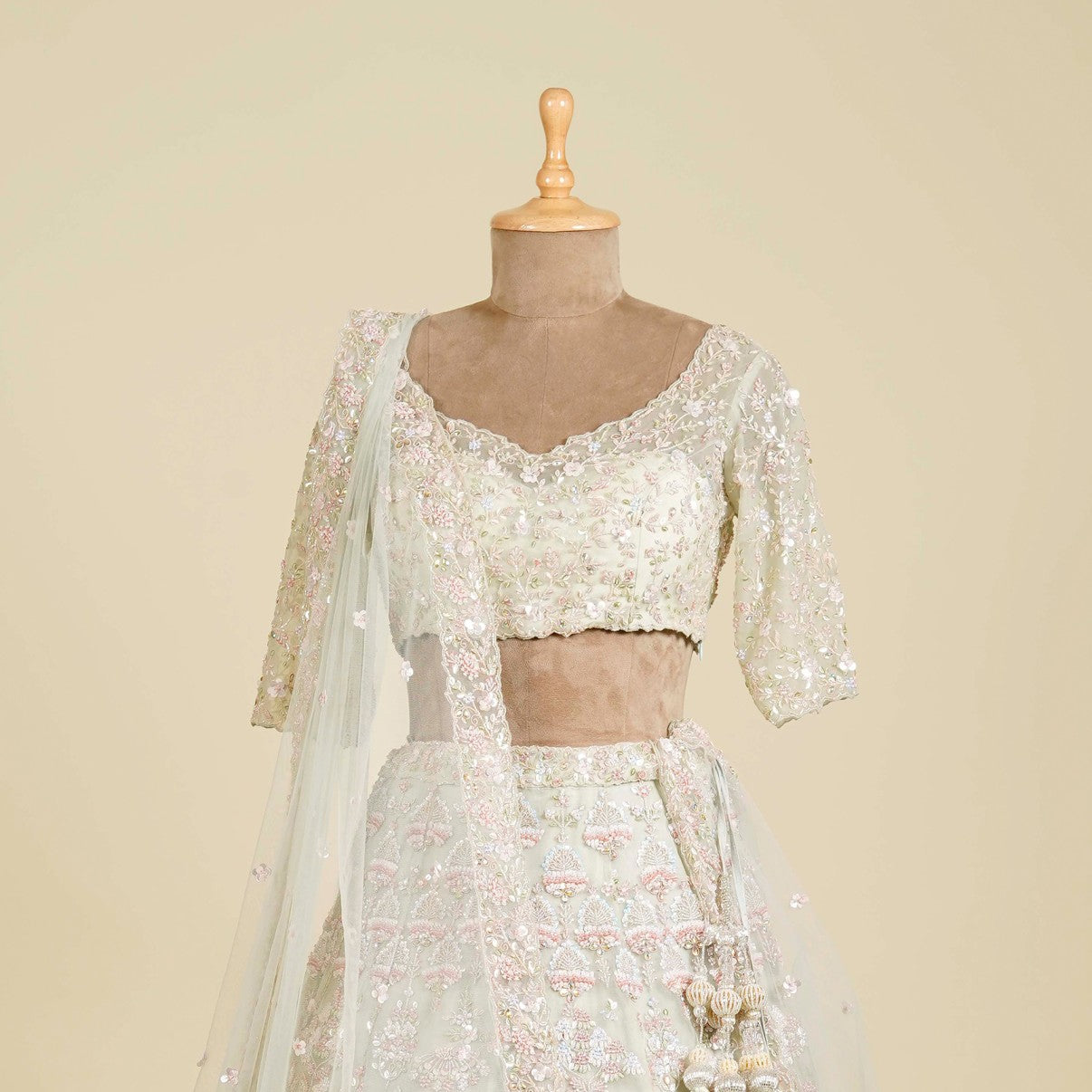 Mint Green Lehenga Choli embellished with Sequins, Cut dana, Kundan and Naqshi work