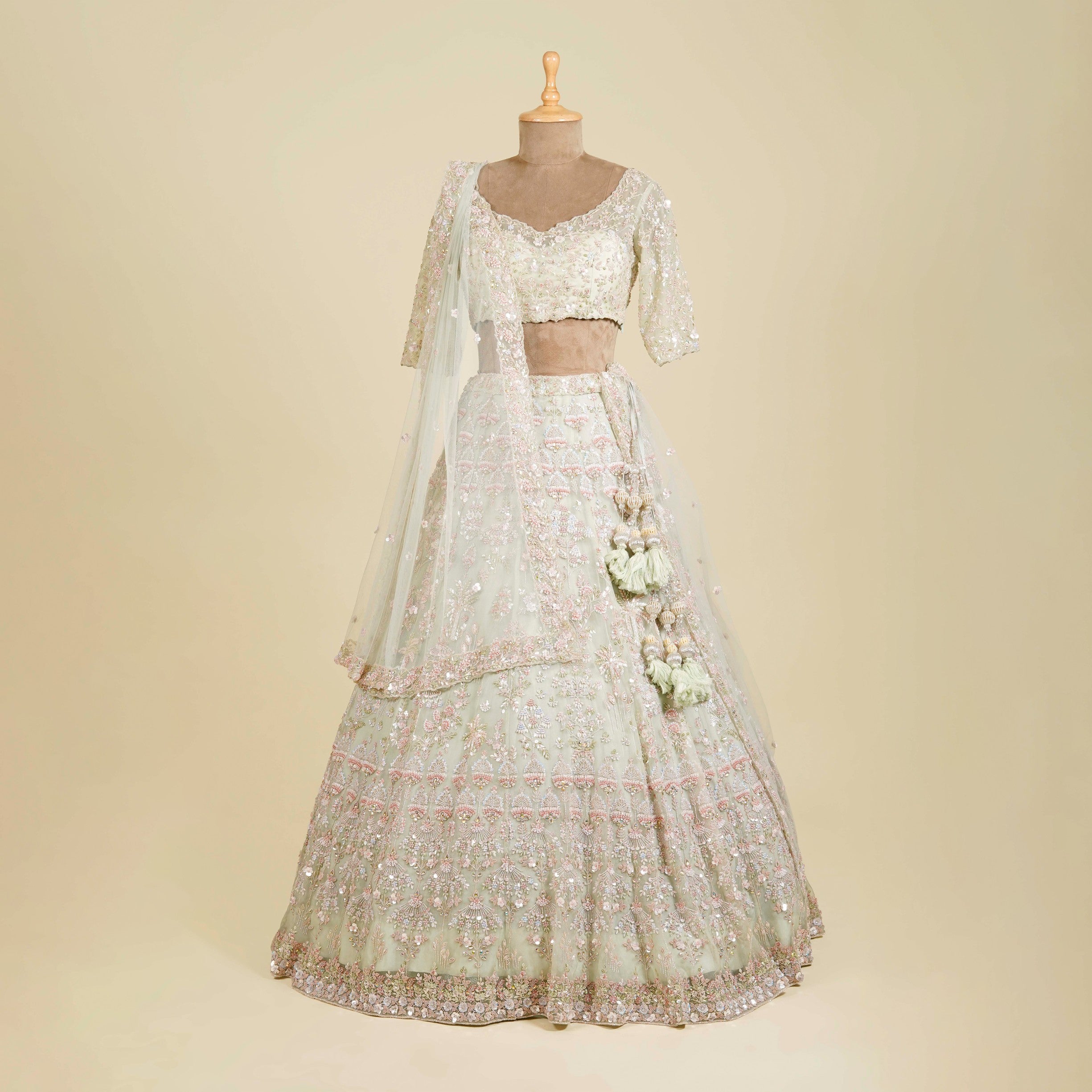 Mint Green Lehenga Choli embellished with Sequins, Cut dana, Kundan and Naqshi work