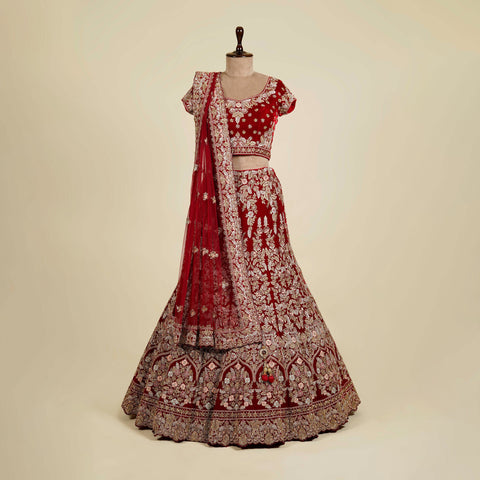 Red Maroon Lehenga Choli embellished with Zardosi, Gota patti and Dori work