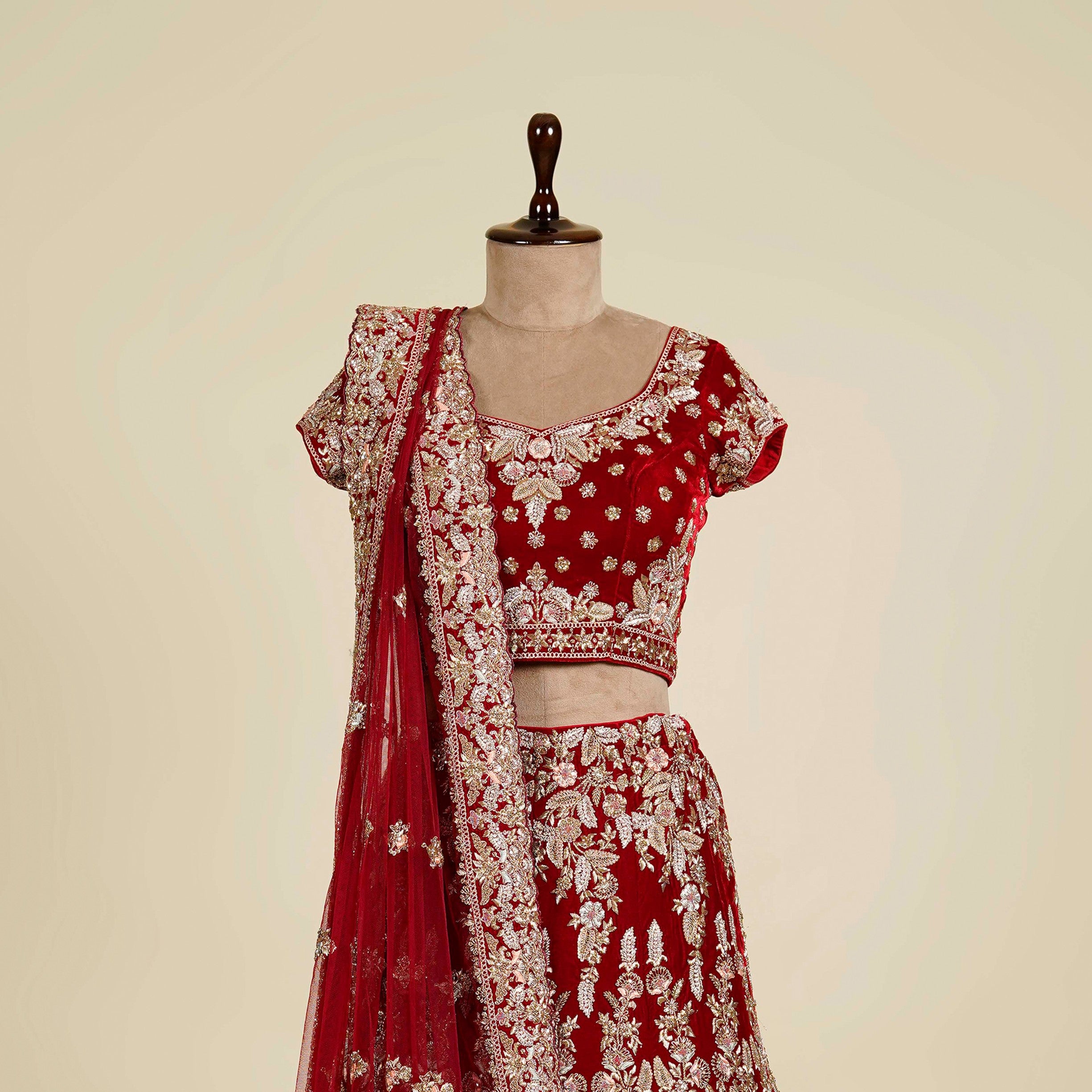 Red Maroon Lehenga Choli embellished with Zardosi, Gota patti and Dori work