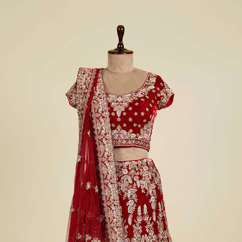 Red Maroon Lehenga Choli embellished with Zardosi, Gota patti and Dori work