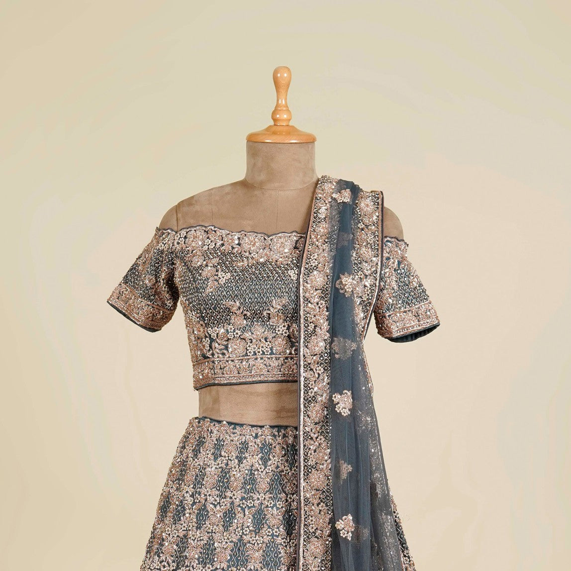 Cement Grey Lehenga Choli embellished with Zardosi, Pearl and Stone work