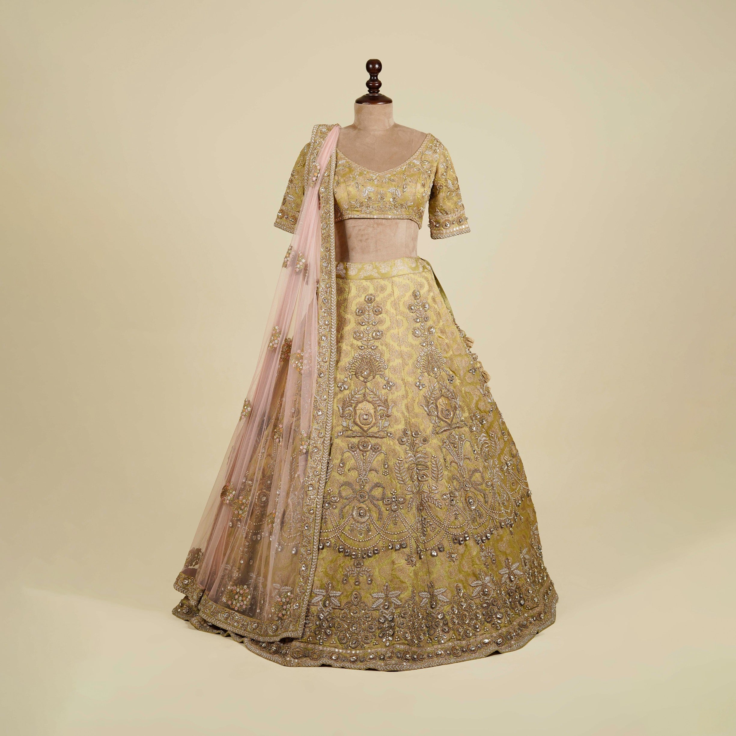 Mehendi Green Gold Lehenga Choli embellished with Sequin, Stone and Dabka work