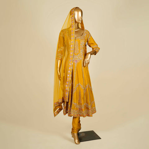 Mustard Anarkali embellished with Zardosi, Thread and Sequins work