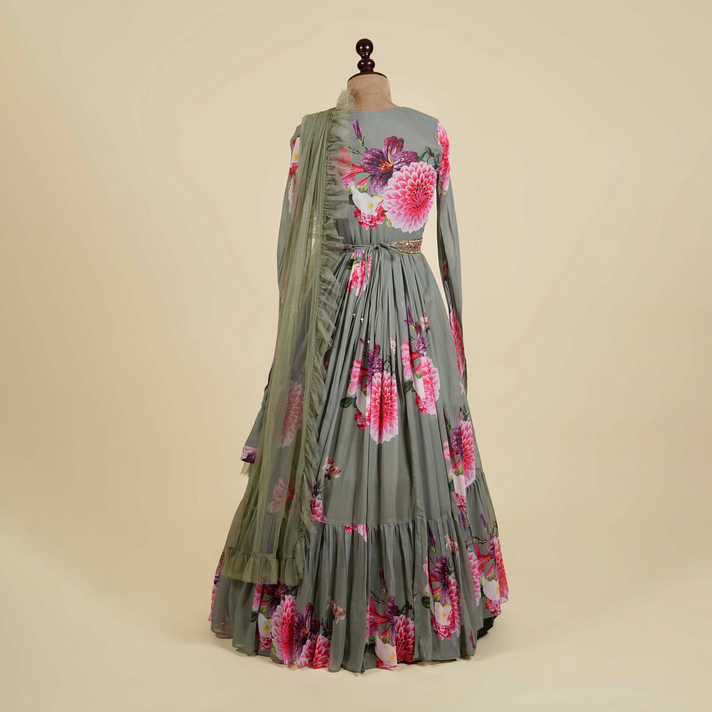 Floral Print Grey Anarkali with belt