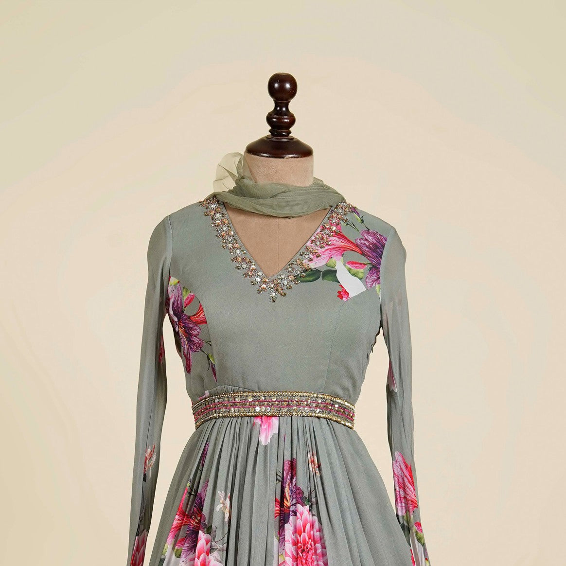 Floral Print Grey Anarkali with belt