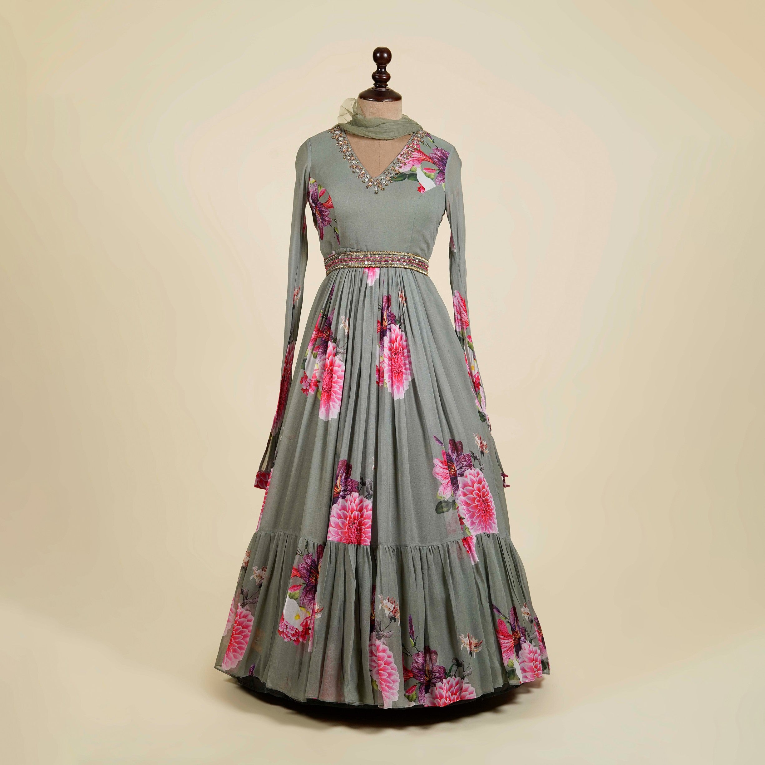 Floral Print Grey Anarkali with belt