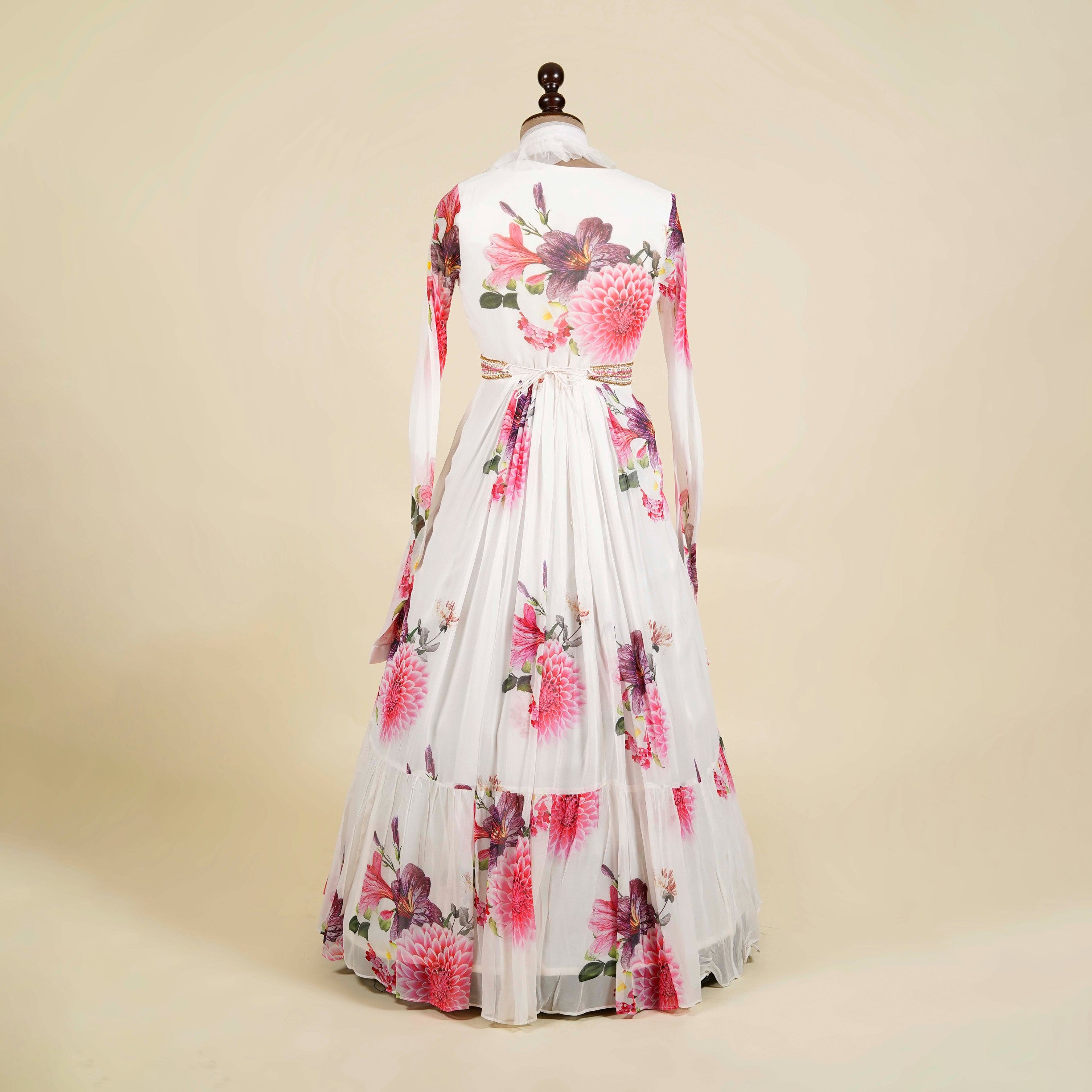 Floral Print White Anarkali with belt