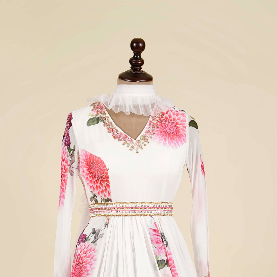 Floral Print White Anarkali with belt