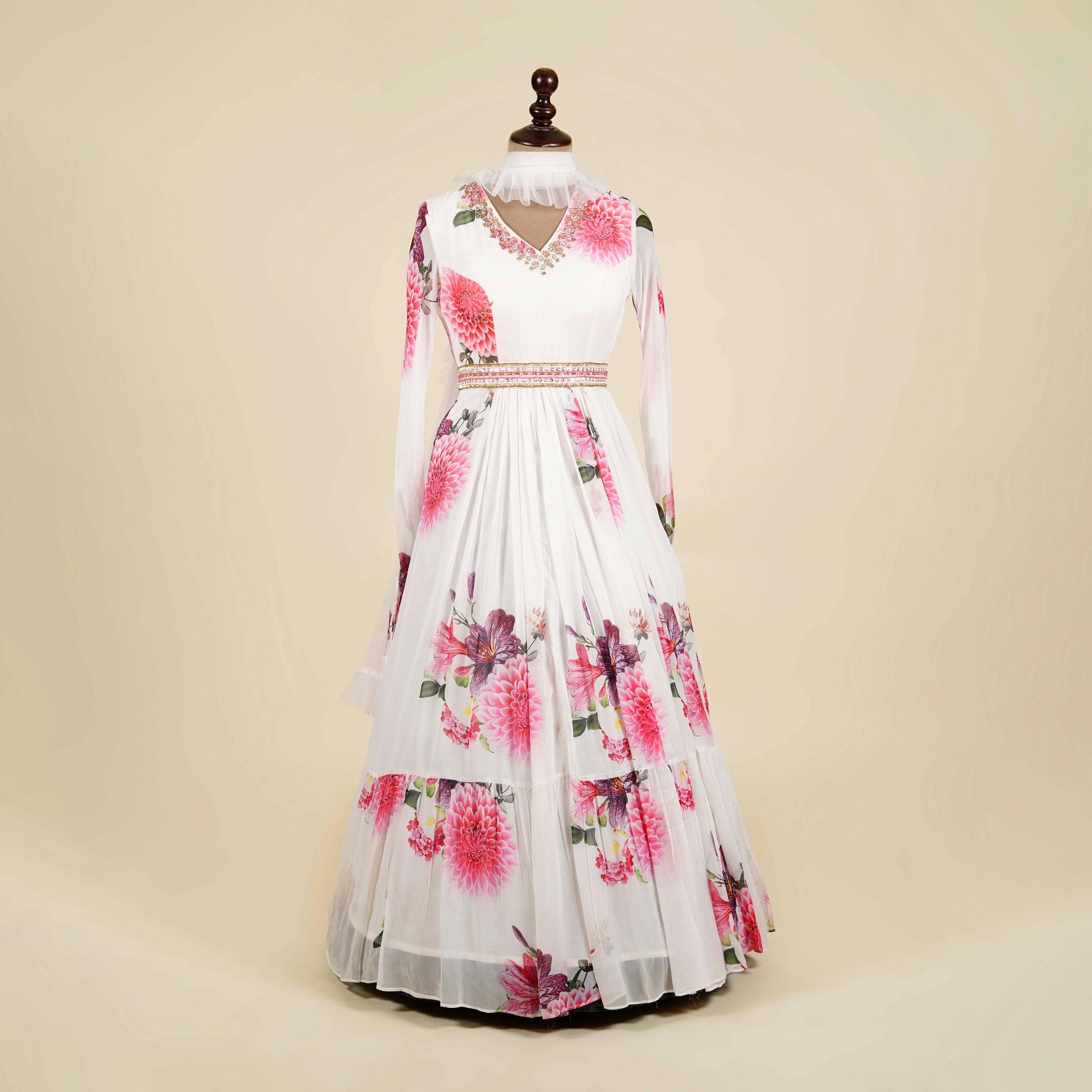 Floral Print White Anarkali with belt