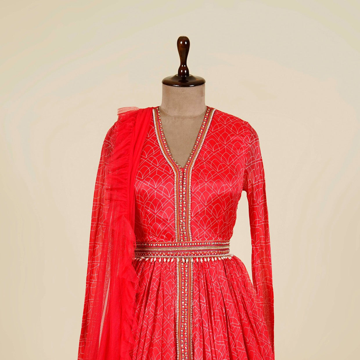 Printed Gajri Red Anarkali with belt