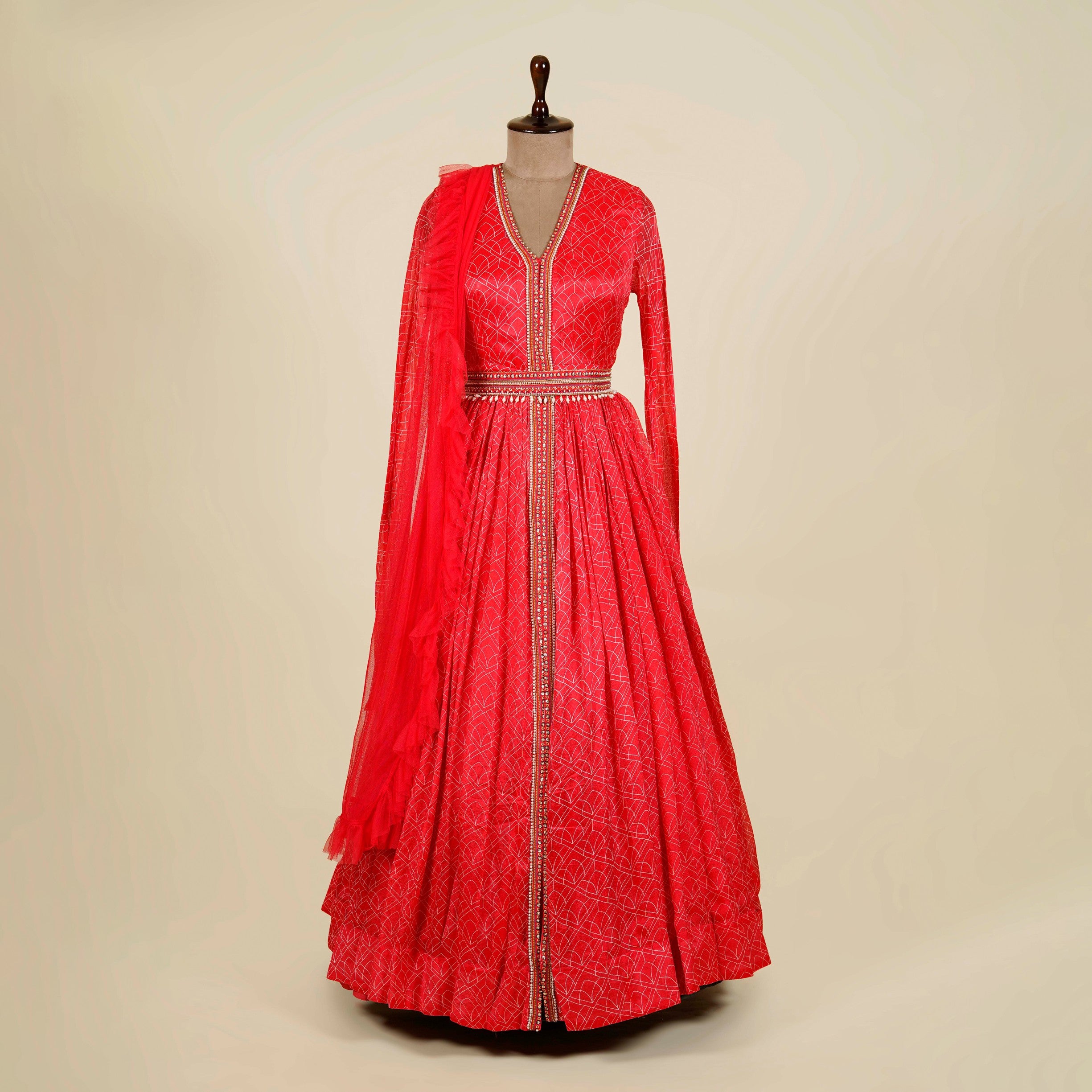 Printed Gajri Red Anarkali with belt