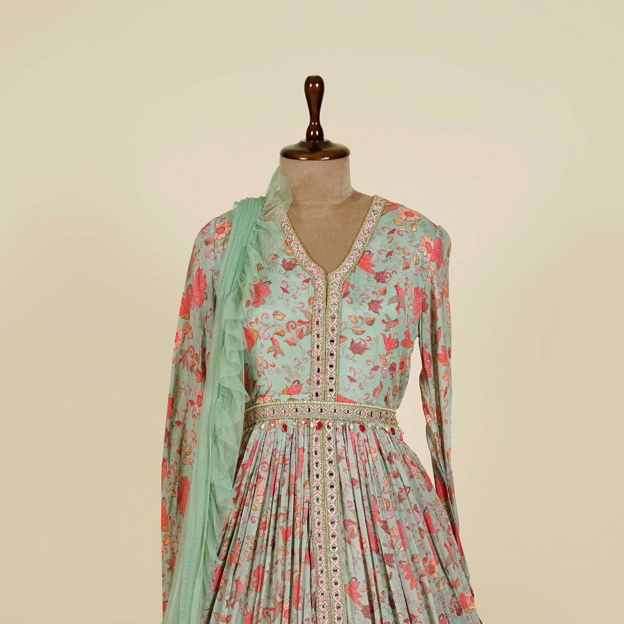Floral Print Mint Green Anarkali with belt
