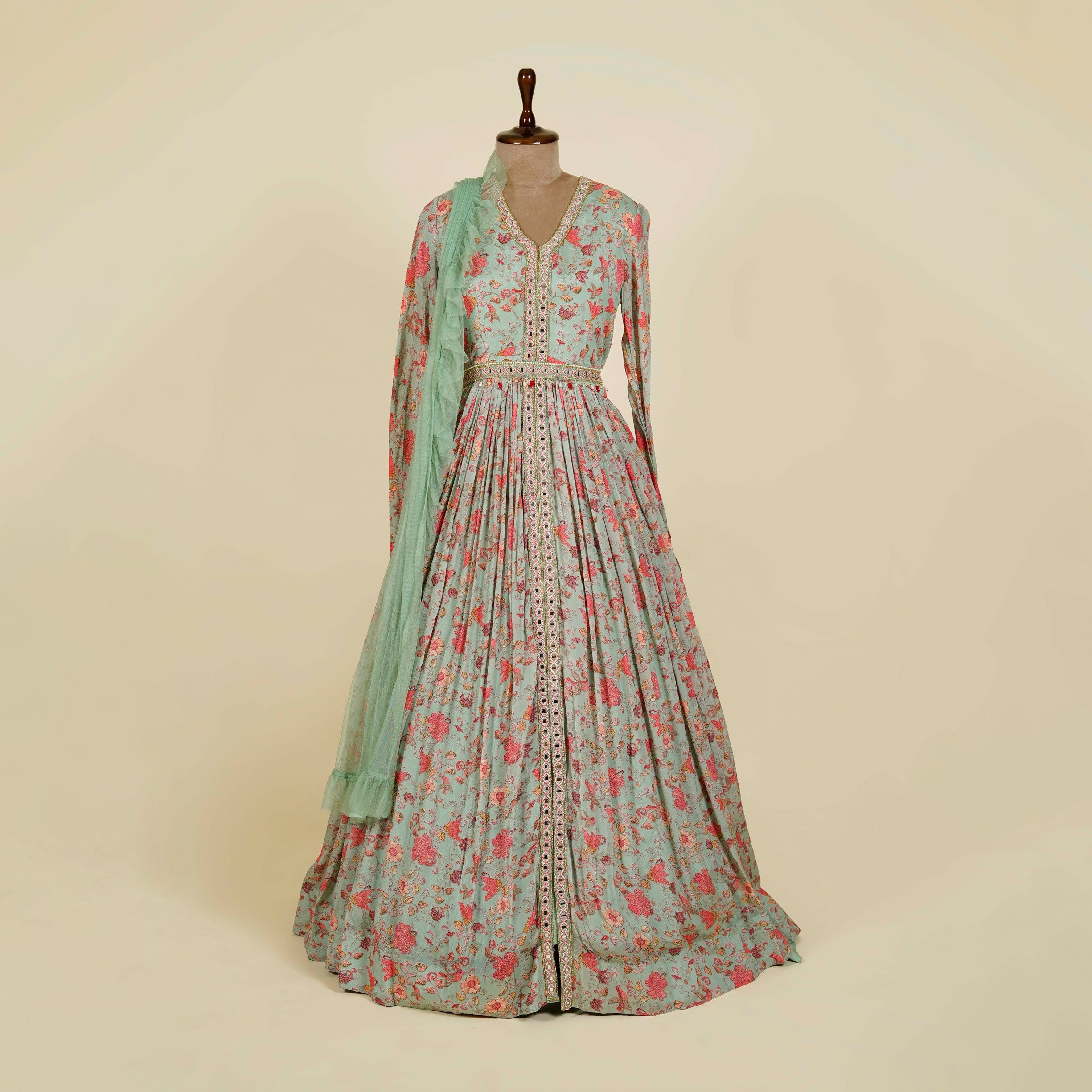 Floral Print Mint Green Anarkali with belt