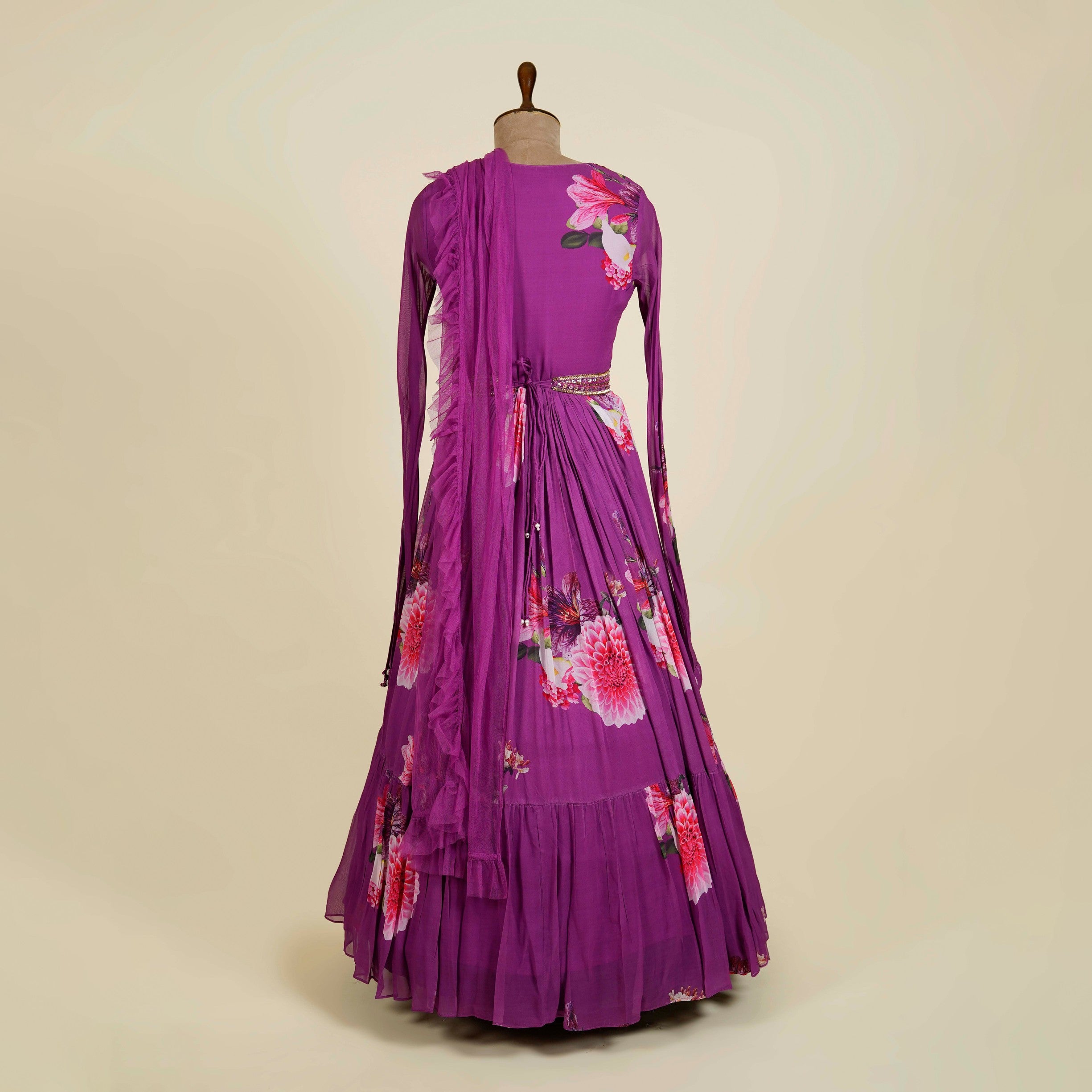 Floral Print Purple Anarkali with belt