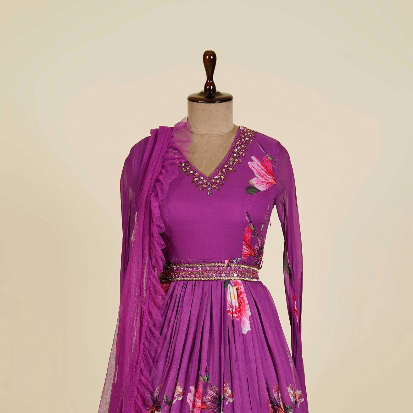 Floral Print Purple Anarkali with belt