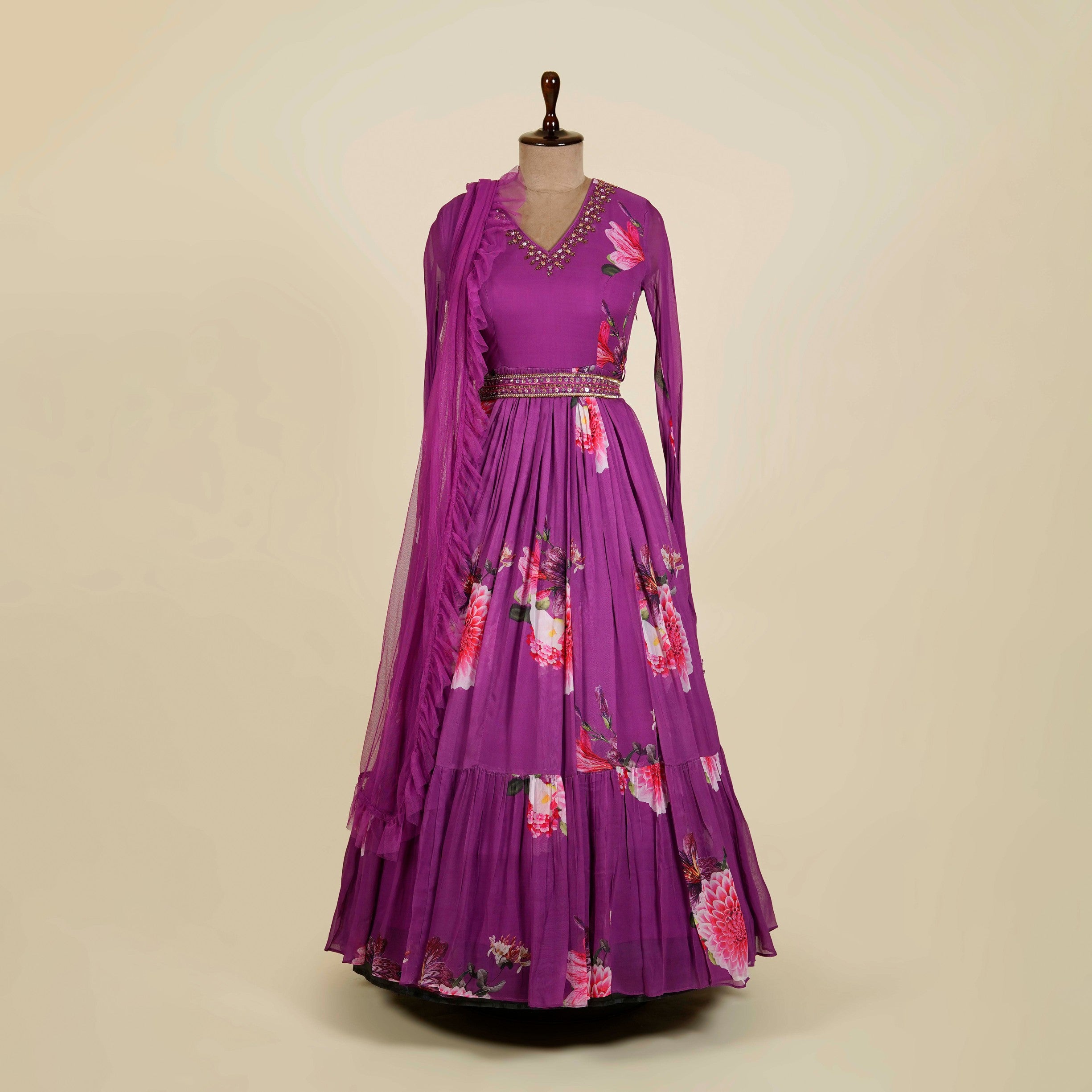 Floral Print Purple Anarkali with belt