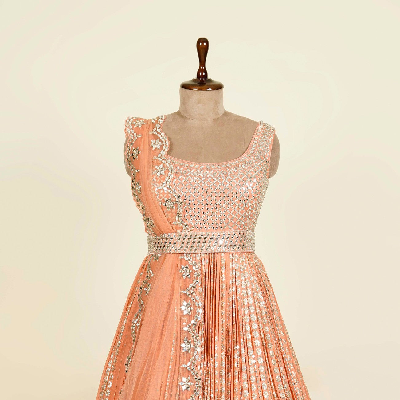 Peach Anarkali with belt embellished with Mirror and Sequins work