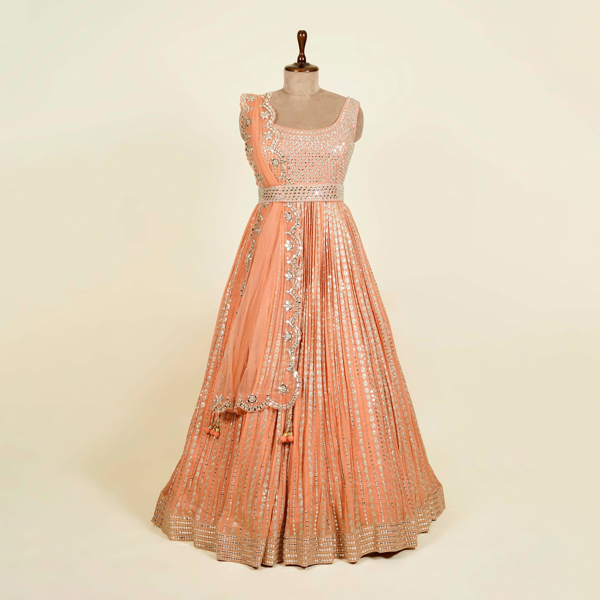 Peach Anarkali with belt embellished with Mirror and Sequins work