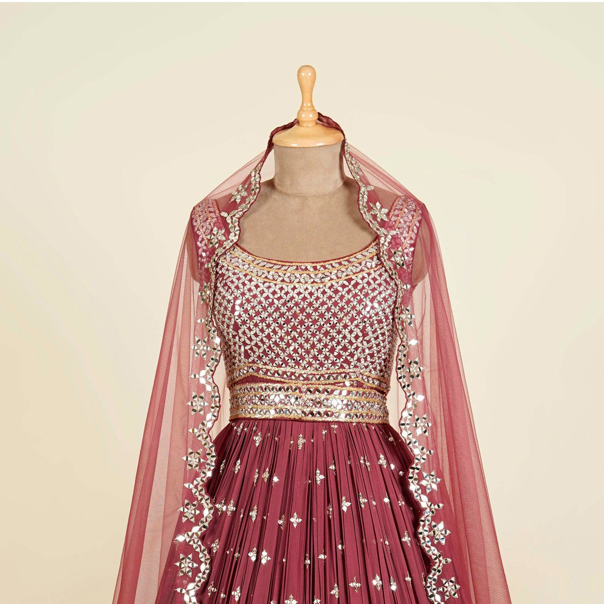 Wine Anarkali with belt embellished with Mirror work