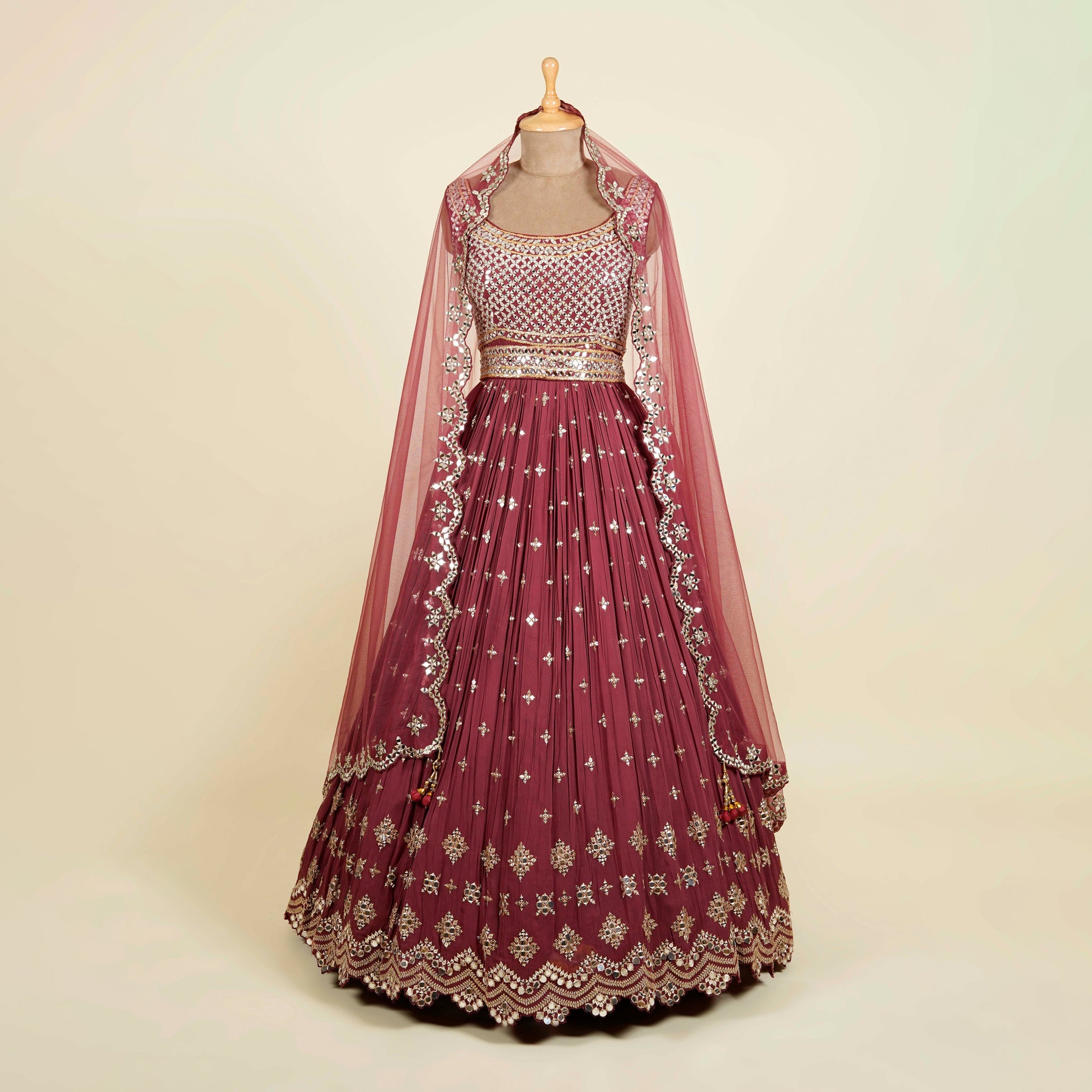 Wine Anarkali with belt embellished with Mirror work