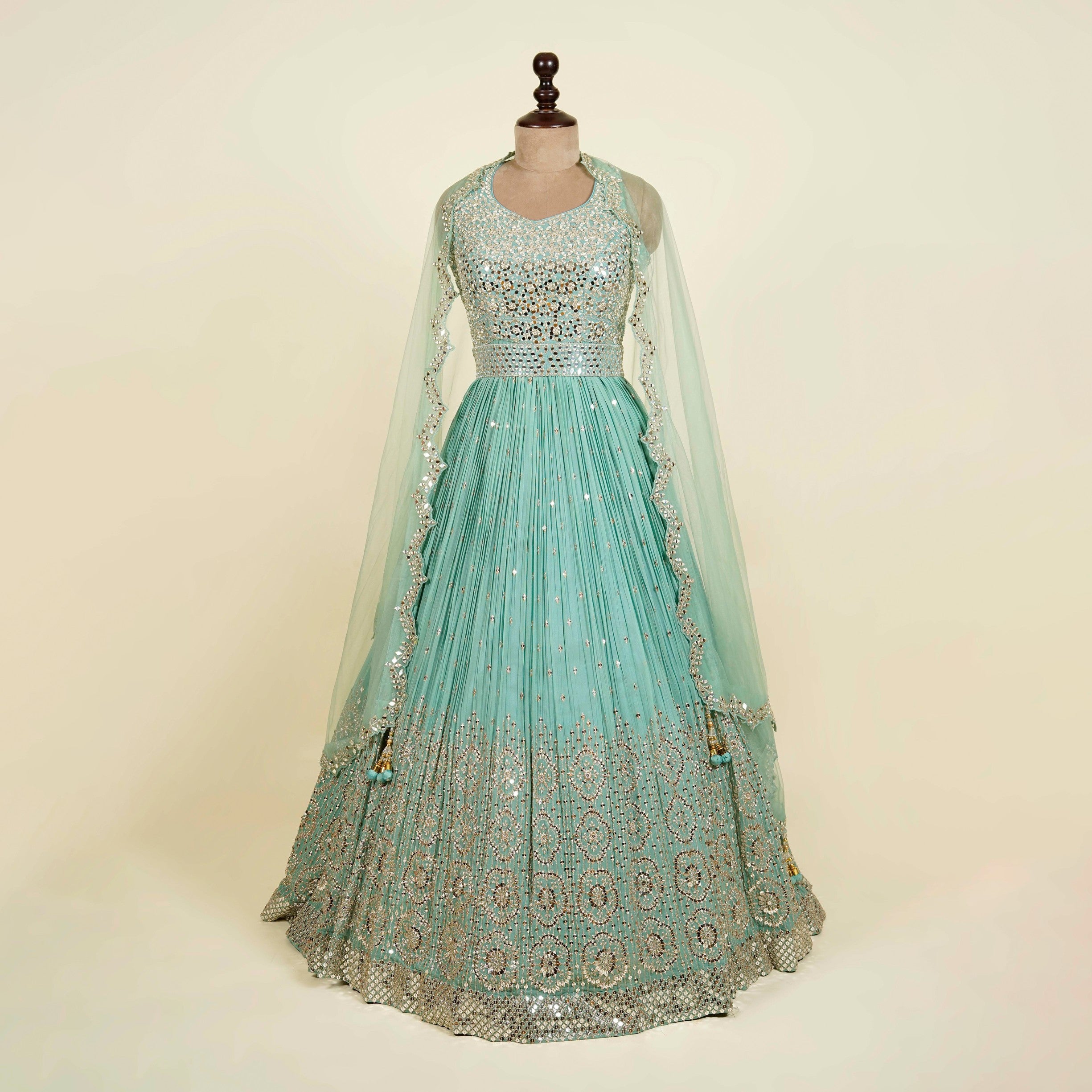 Sea Green Anarkali with belt embellished with Mirror work