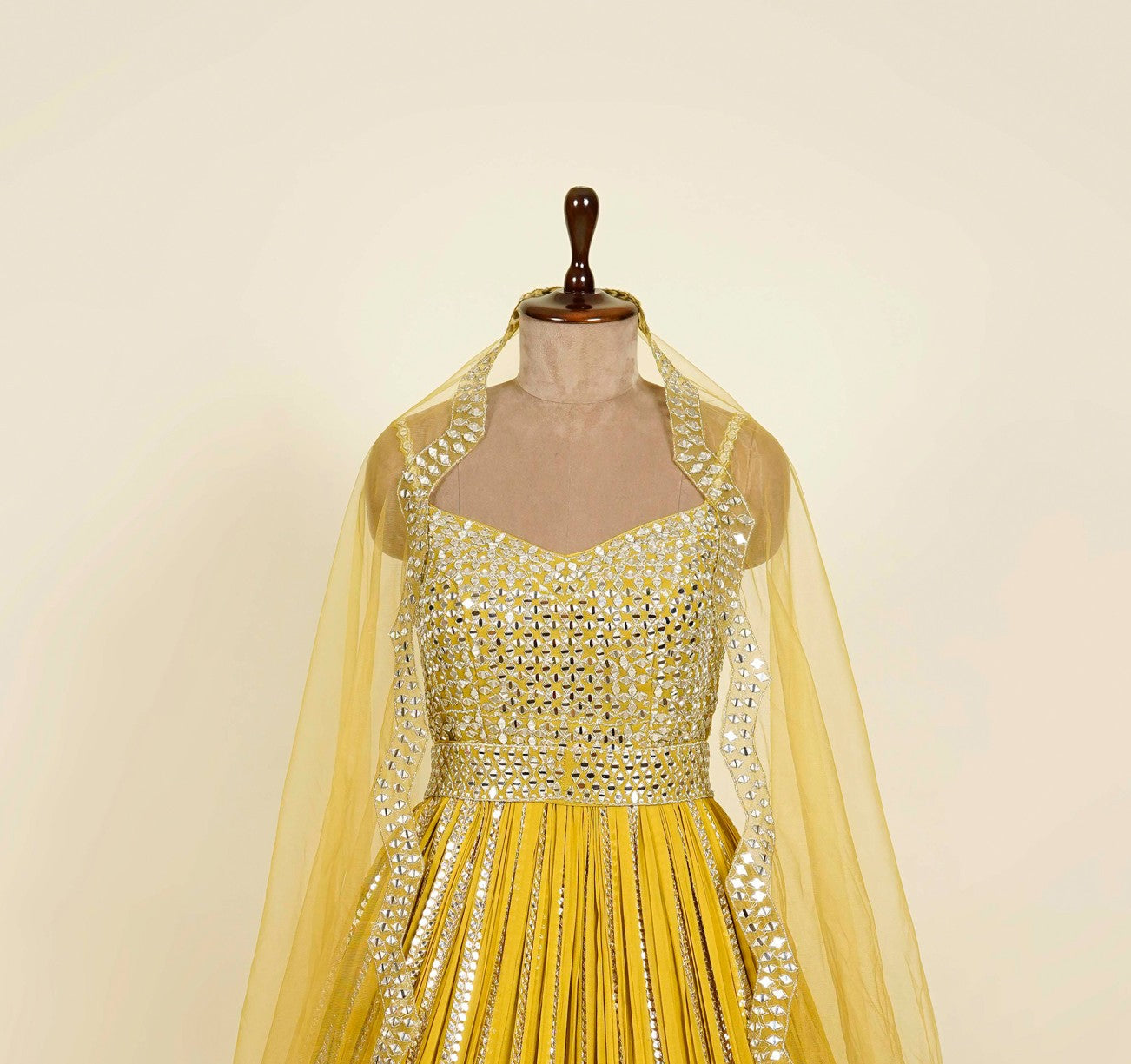 Mustard Anarkali with belt embellished with Mirror and Sequins work