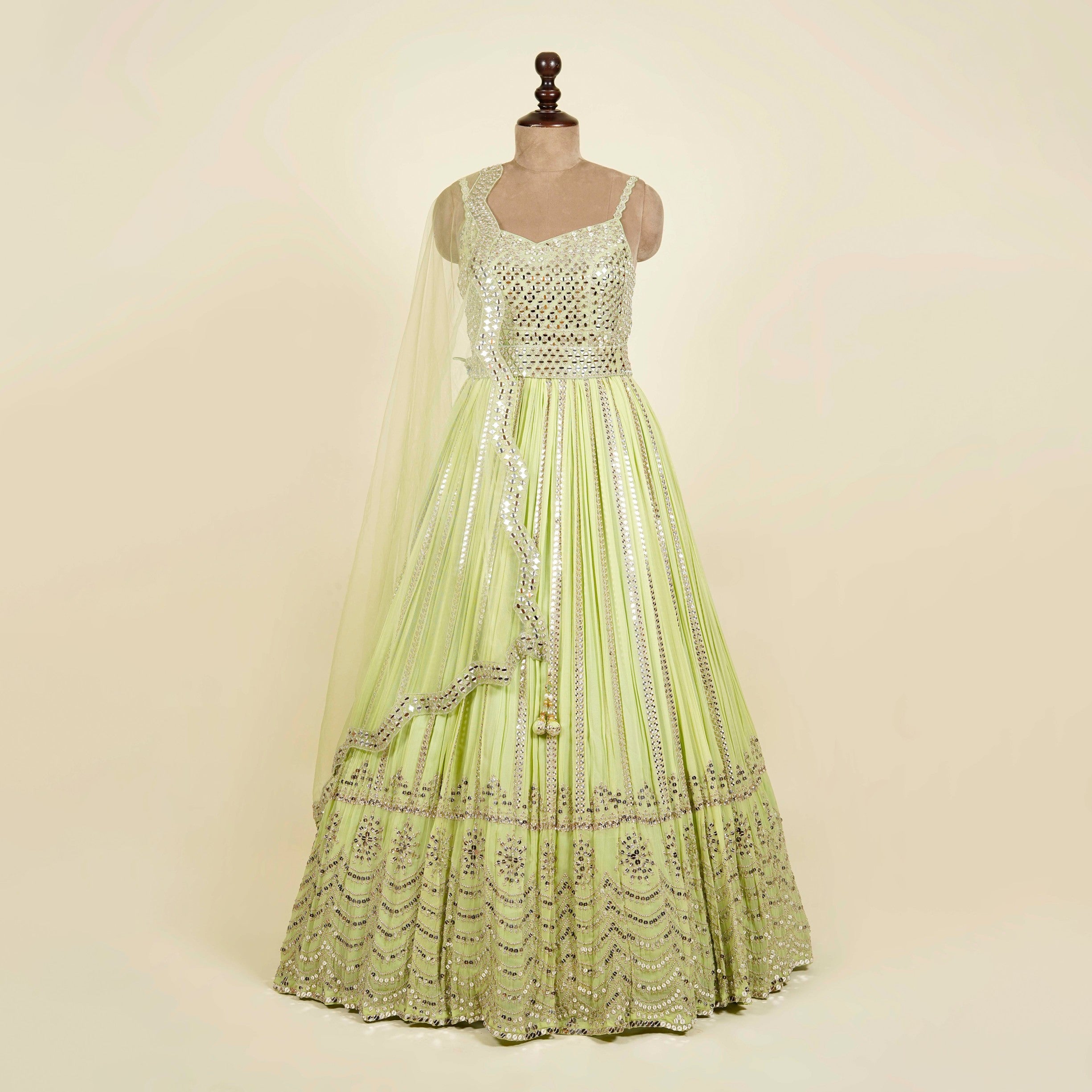 Pista Anarkali with belt embellished with Mirror and Sequins work
