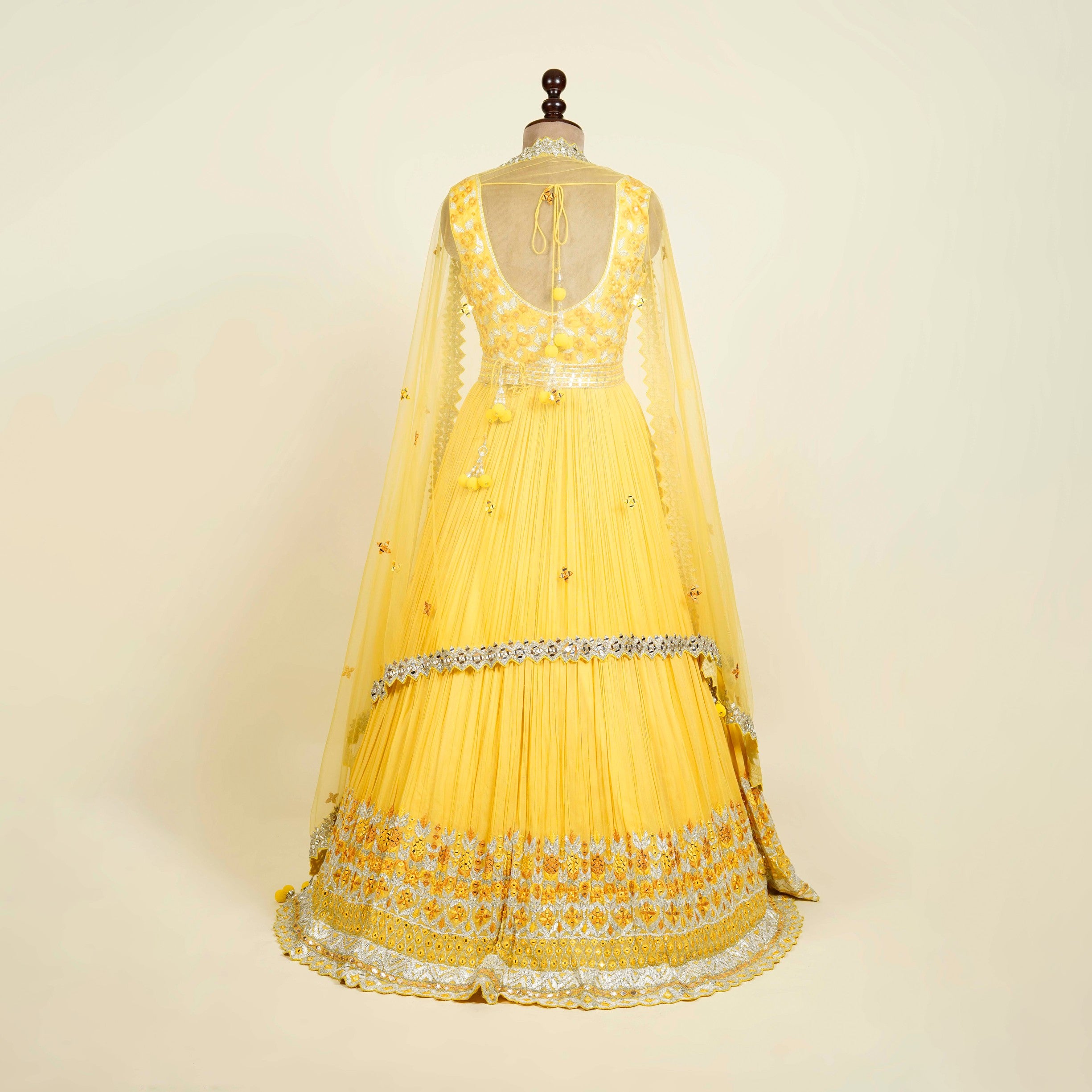 Lemon Anarkali with belt embellished with Mirror, Gota patti and Thread work