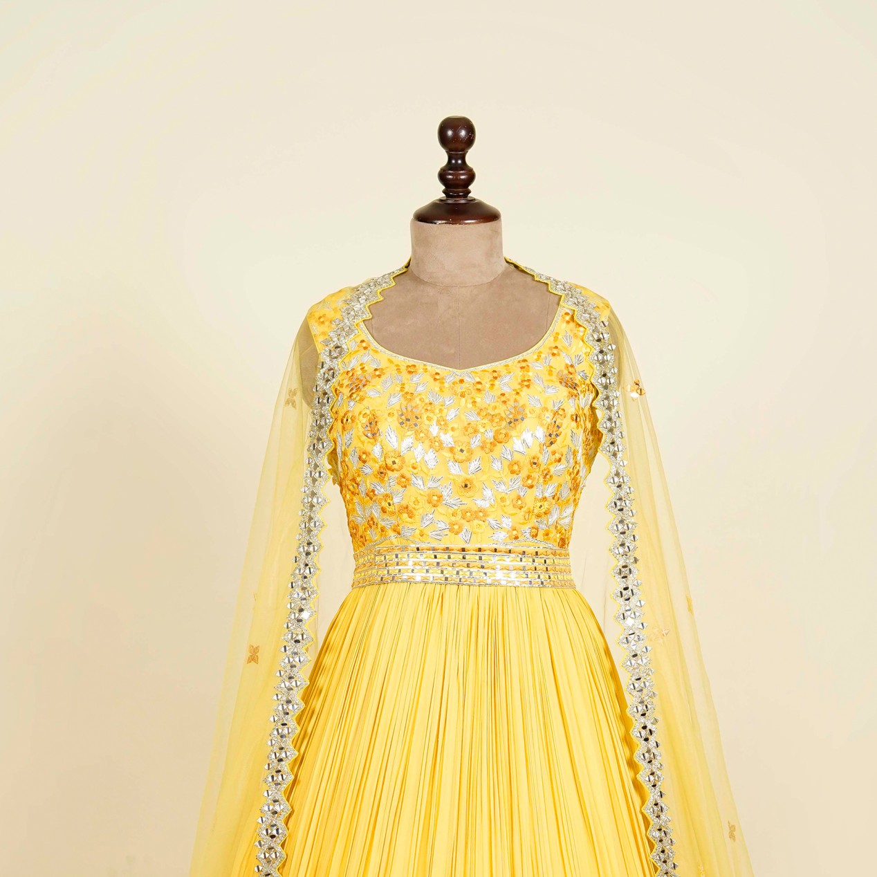 Lemon Anarkali with belt embellished with Mirror, Gota patti and Thread work