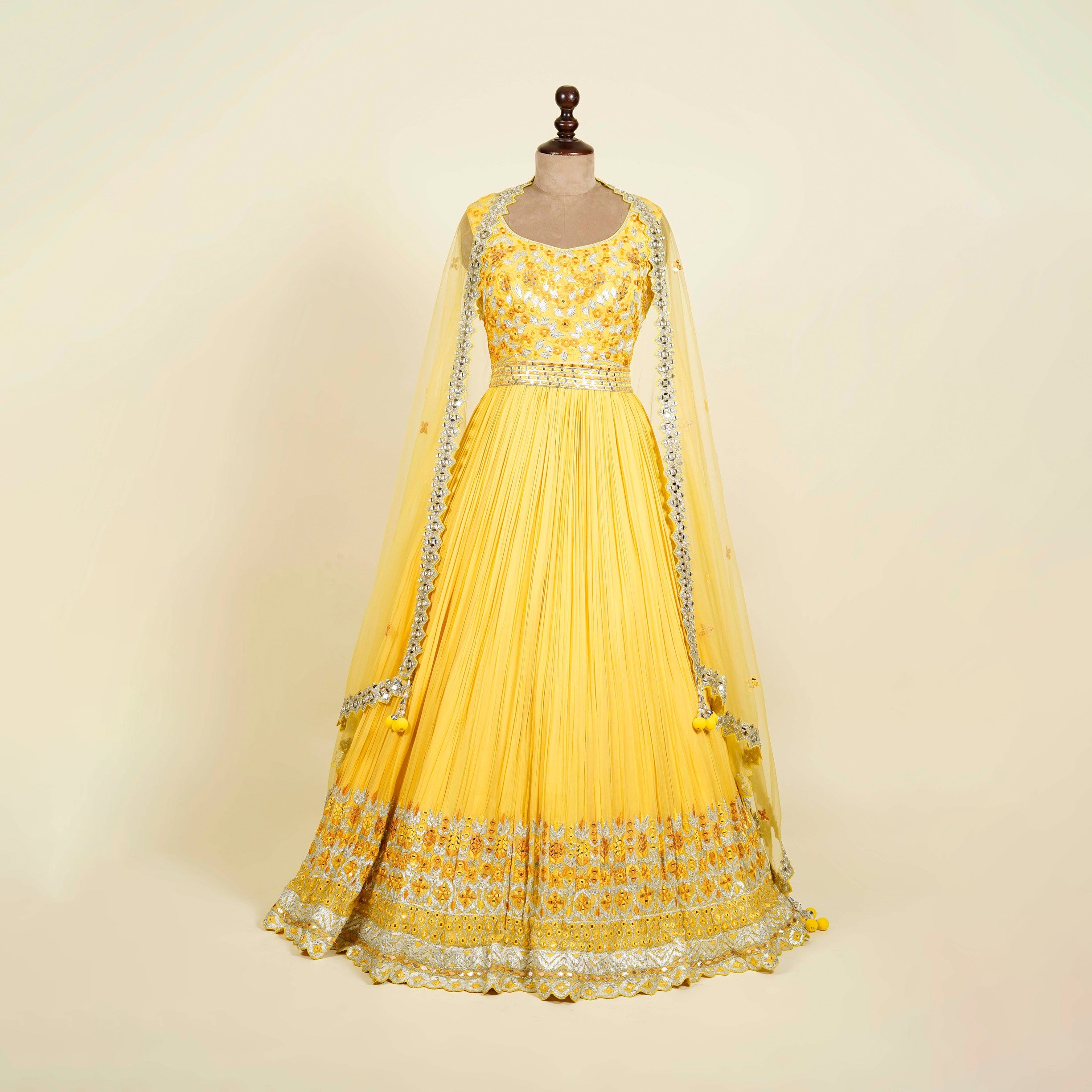 Lemon Anarkali with belt embellished with Mirror, Gota patti and Thread work