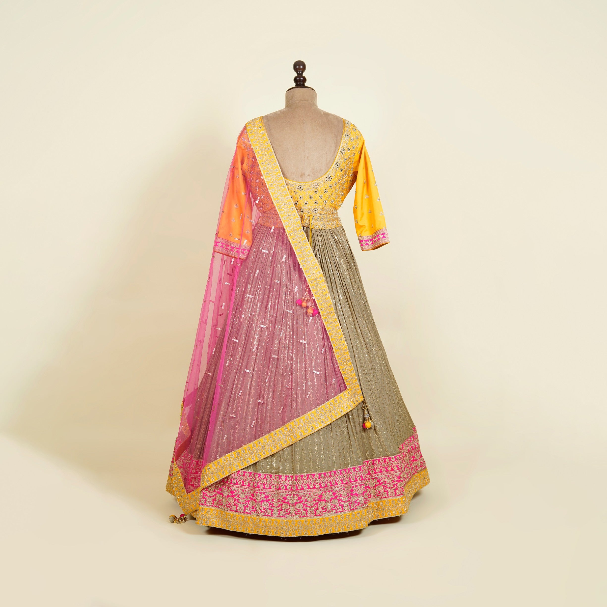 Two part Yellow-Grey Anarkali with belt embellished with Mirror, Stone and Dori work