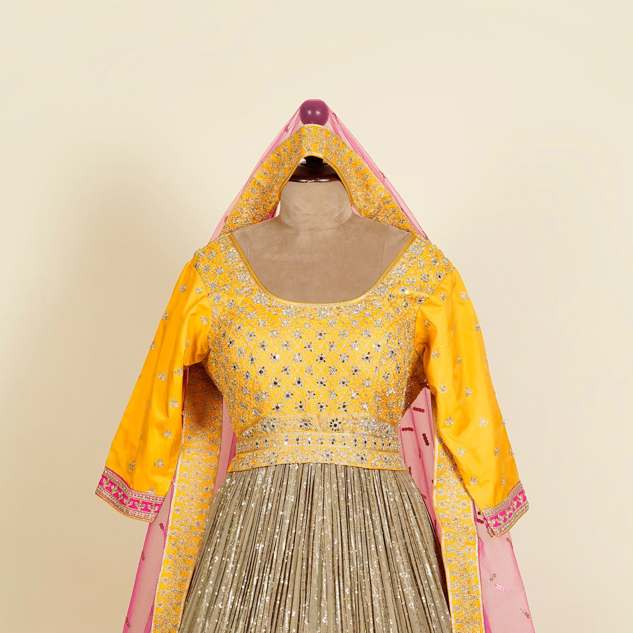 Two part Yellow-Grey Anarkali with belt embellished with Mirror, Stone and Dori work