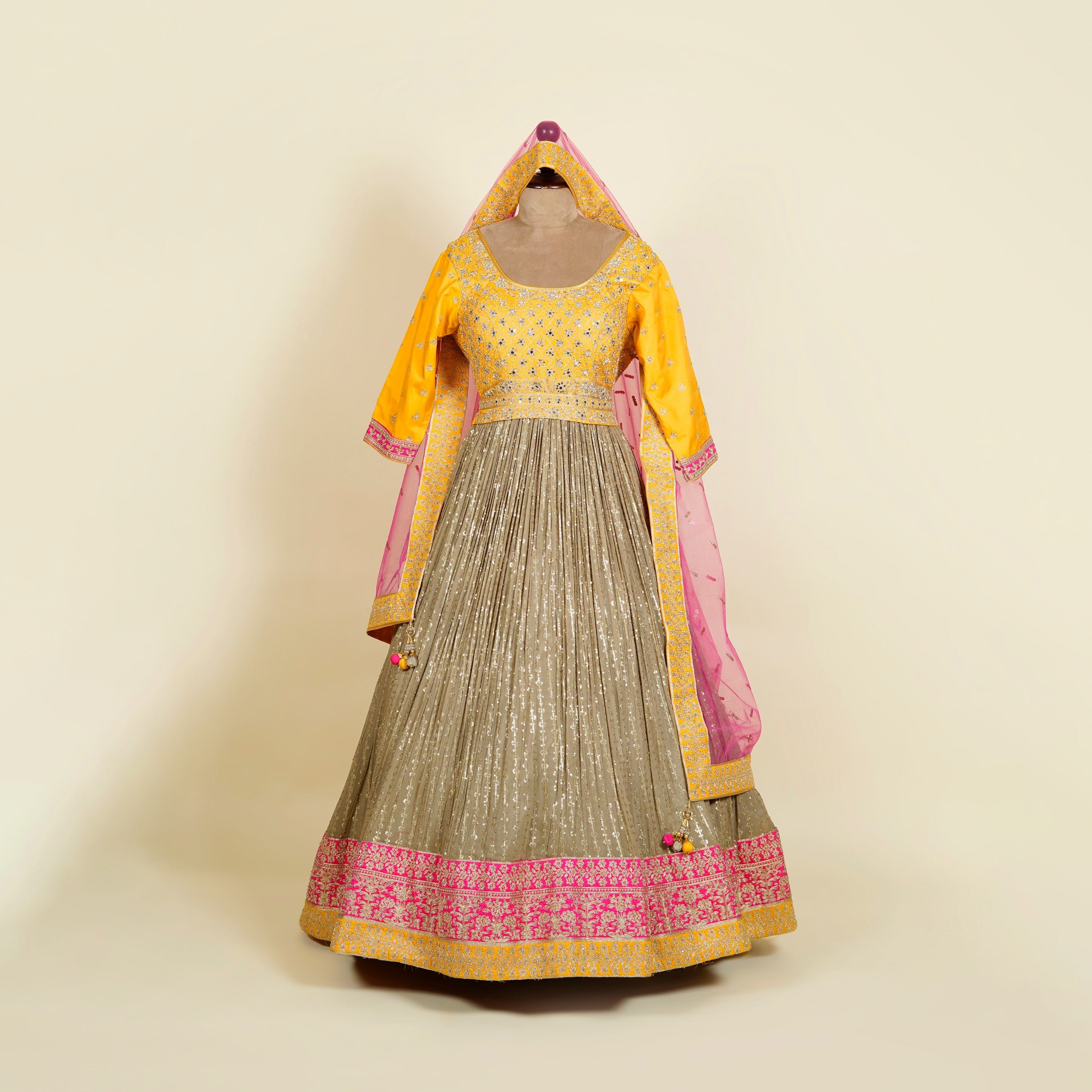 Two part Yellow-Grey Anarkali with belt embellished with Mirror, Stone and Dori work